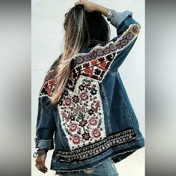 Denim bohemian stitched Aztec tribal floral embroidered denim jacket coat - Picture 2 of 16